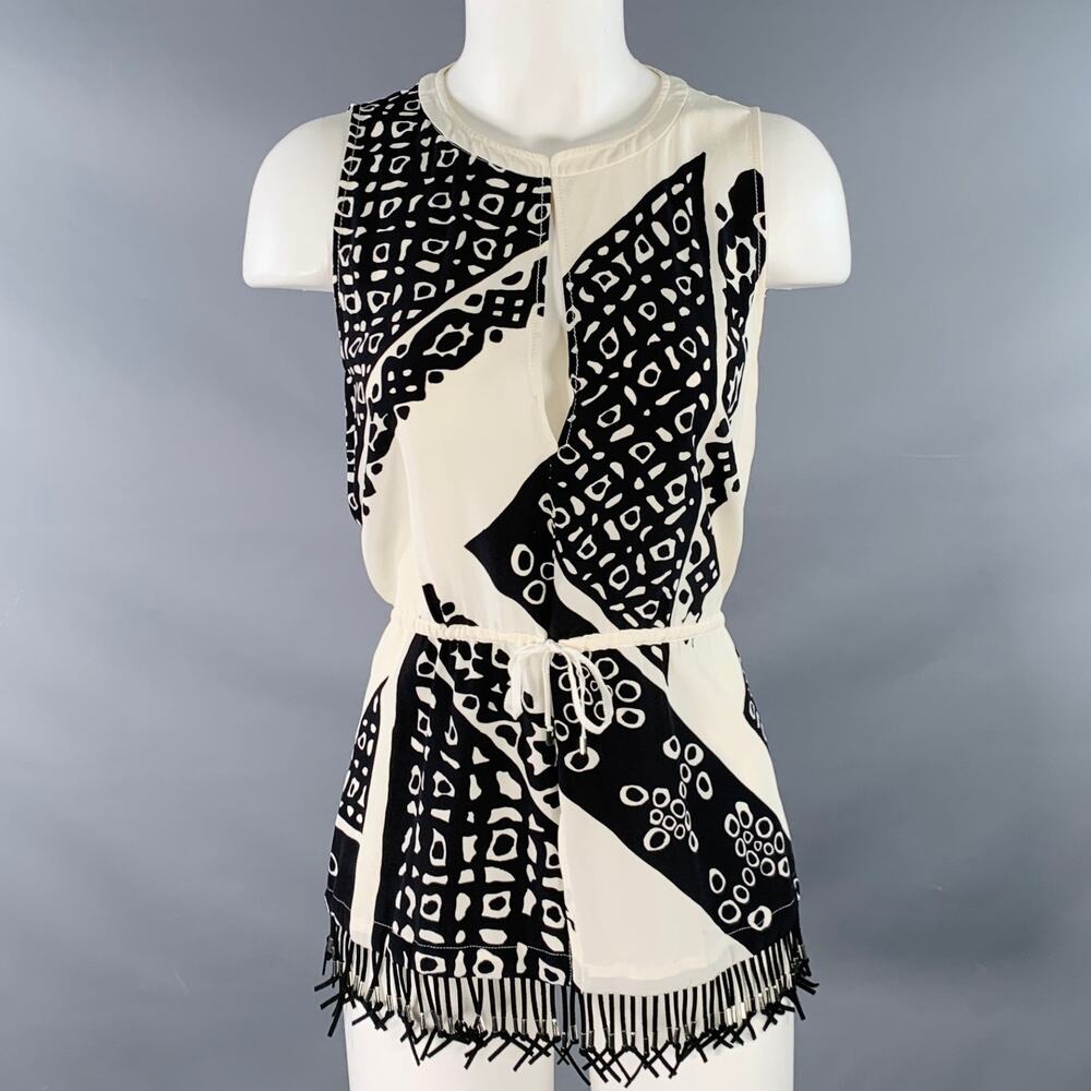 ALTUZARRA Size 6 Black Cream Abstract Sleeveless Fringe Casual Top